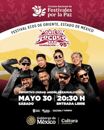 Póster del Circuito Nacional de Festivales por la Paz con la banda Panteón Rococó en primer plano, mostrando el nombre del festival, fecha y lugar