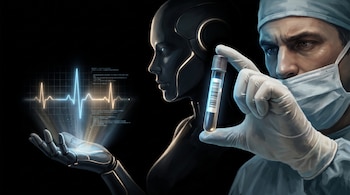 Un médico con mascarilla sostiene un tubo de ensayo junto a un androide que proyecta un holograma con una línea de electrocardiograma.