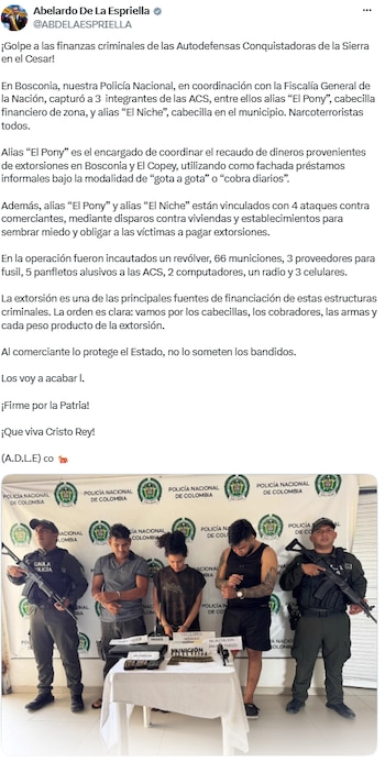Cayeron alias El Pony y El Niche, señalados de financiar extorsiones en Cesar - crédito @ABDELAESPRIELLA/X