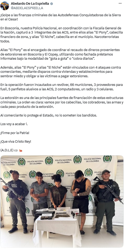 Cayeron alias El Pony y El Niche, señalados de financiar extorsiones en Cesar - crédito @ABDELAESPRIELLA/X