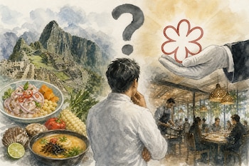 Un hombre de espaldas contempla platos de comida, las ruinas de Machu Picchu, un signo de interrogación y el ícono de una estrella roja.