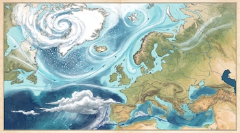 Mapa ilustrado del Atlántico Norte y Europa con masas de nubes, flechas de viento, nieve en Groenlandia y lluvia frente a la península ibérica