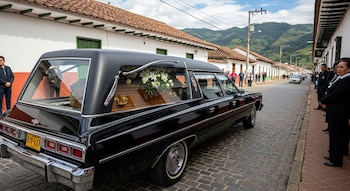 Vista trasera de una carroza fúnebre negra con un ataúd de madera y flores blancas en su interior, estacionada en una calle de adoquines con gente y edificios blancos.