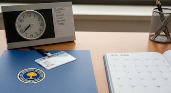 Escritorio de oficina con carpeta azul, credencial de empleado, reloj de escritorio, lista de tareas, calendario de julio de 2026 y portalápices con lápices.