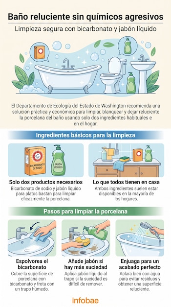 Infografía con título y subtítulo, ilustraciones de una bañera, inodoro, lavabo, caja de bicarbonato de sodio, botella de jabón líquido y tres pasos de limpieza.