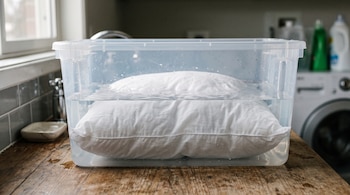 Un contenedor transparente de plástico lleno de agua tiene una almohada blanca sumergida sobre una mesada cerca de una lavadora.