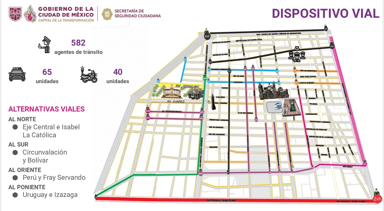 La Secretaría de Seguridad Ciudadana de la Ciudad de México detalla el dispositivo vial y las alternativas de tránsito en el Centro Histórico. (X/ @GobCDMX)