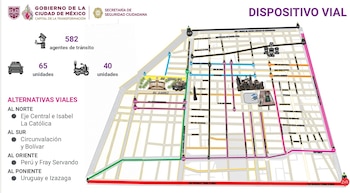 Mapa del Centro Histórico con iconos de patrulla, motocicleta y textos sobre agentes de tránsito y alternativas viales en la Ciudad de México