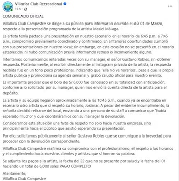 Villarica Club Recreacional emite comunicado