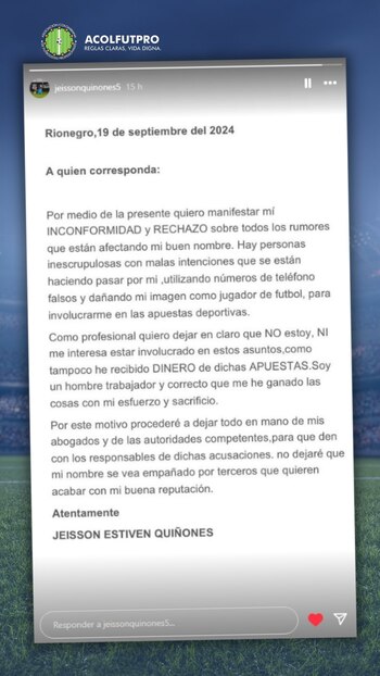 La denuncia de Jeisson Quiñones