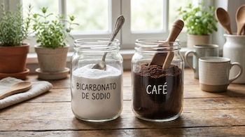 Dos frascos de vidrio en una mesa de madera: uno con bicarbonato de sodio y cuchara de metal, el otro con café molido y cuchara de madera.