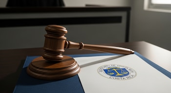 Un martillo judicial de madera pulida descansa sobre un expediente judicial con el sello del Poder Judicial de Costa Rica en un escritorio de tribunal.