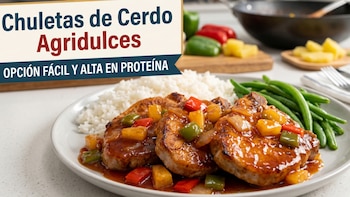 Plato con tres chuletas de cerdo agridulces cubiertas con piña y pimientos, acompañadas de arroz blanco y ejotes, sobre una mesa clara