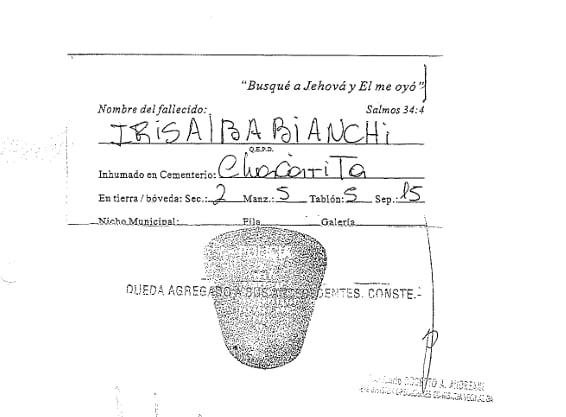 El certificado de entierro de Iris Bianchi