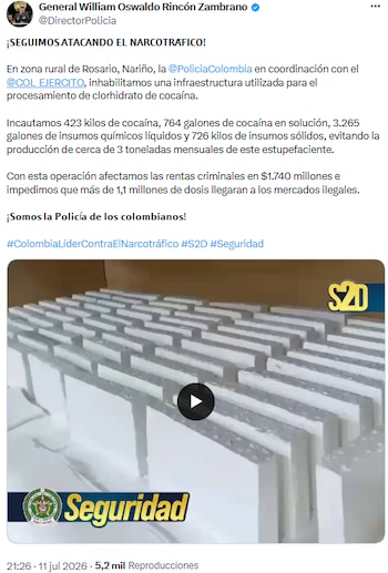 Golpe al narcotráfico en el sur de Colombia, incautaron laboratorio con más de 400 kilos de cocaína en Rosario, Nariño - crédito @DirectorPolicia/X