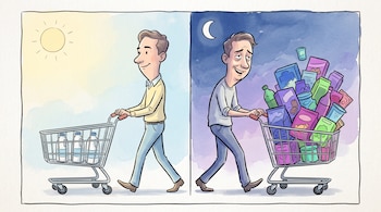 Dibujo de un hombre que lleva tres botellas en su carrito de día y el mismo hombre con un carrito lleno de paquetes de colores de noche.