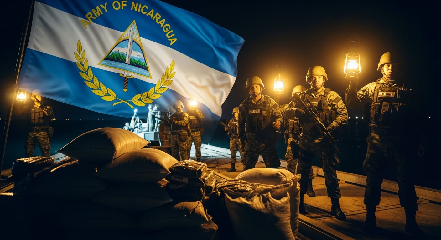 Patrullas militares nicaragüenses con linternas interceptan una lancha en la costa, con sacos de droga apilados en primer plano. (Imagen Ilustrativa Infobae)
