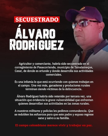 Adalberto Rodríguez habría sido sacado por la fuerza de su vivienda en el corregimiento Pasa Corriendo, en Tamalameque, por hombres armados - crédito X