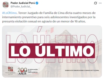 Publicación en redes sociales del Poder Judicial del Perú con un banner que dice LO ÚLTIMO sobre la imagen del Palacio de Justicia