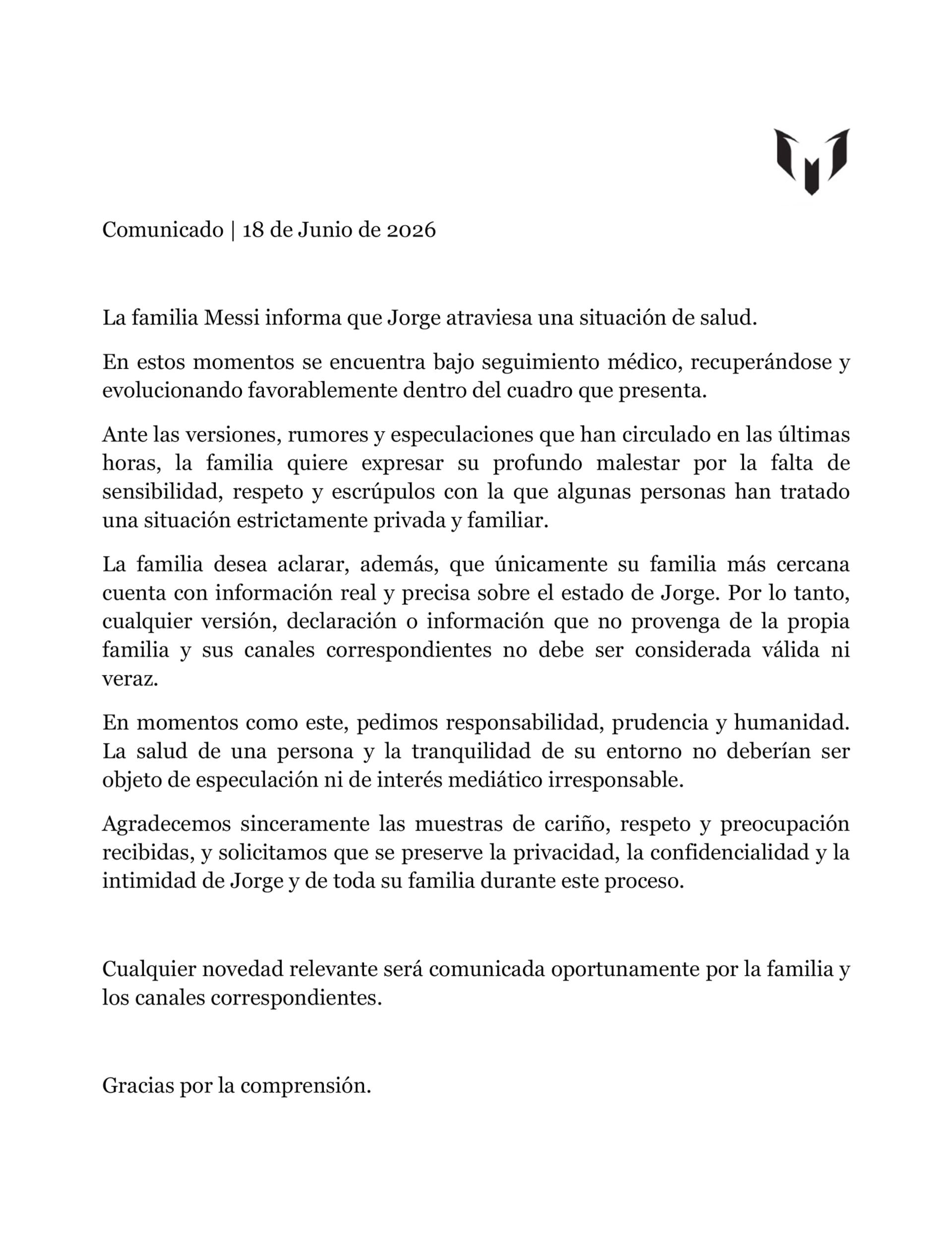 El comunicado oficial de la familia Messi