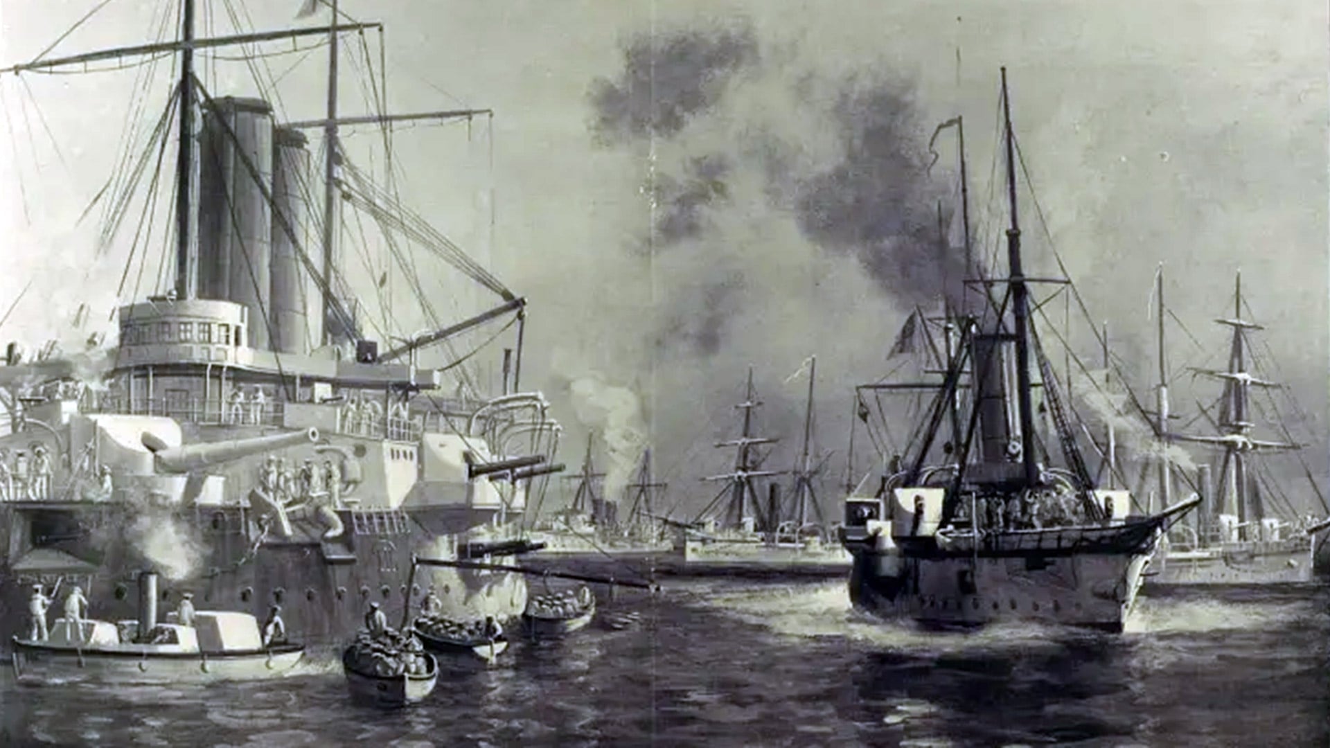 Una representación de la época de los cinco barcos británicos durante el bombardeo (Wikipedia)