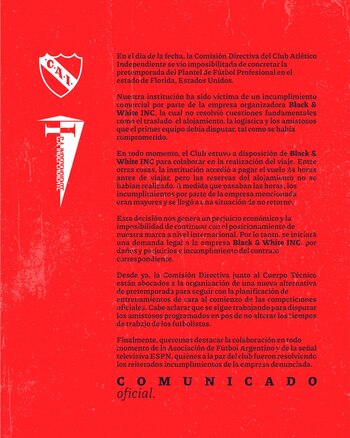 Comunicado de Independiente de Avellaneda