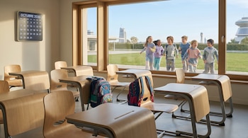 Aula moderna con pupitres, dos mochilas y calendario Octubre 2030. Niños felices juegan afuera bajo el sol, con edificios futuristas al fondo.