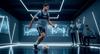 Un futbolista masculino con equipo de monitoreo corporal dribla un balón de fútbol. Tres hombres observan en una sala oscura con pantallas y luces led.