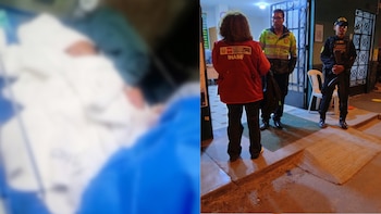 Imagen dividida que muestra a un bebé envuelto en mantas y a personal del Inabif junto a dos policías frente a un inmueble