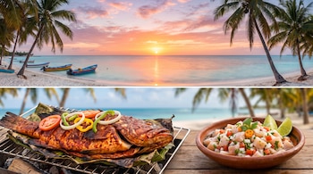 Atardecer en playa con palmeras y botes. Pescado asado en parrilla con vegetales. Ceviche de caracol en cuenco sobre mesa de madera.