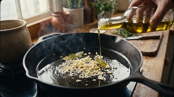 Una sartén de hierro contiene ajo picado, hojas de laurel y aceite de oliva mientras una mano vierte más aceite desde una botella de vidrio.