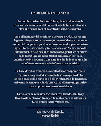 Un comunicado con texto blanco sobre fondo azul oscuro que muestra el sello del Departamento de Estado de Estados Unidos y la firma de Marco Rubio