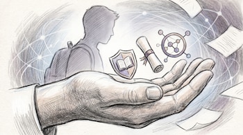 Ilustración de una mano abierta que sostiene un escudo con libro, un diploma y un símbolo de red. Al fondo, una silueta de estudiante y papeles flotando.