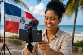 Una mujer sostiene un teléfono con micrófono sobre un trípode frente a la bandera de República Dominicana y el mar.