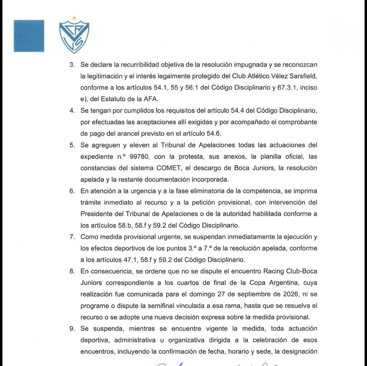 El documento que presentó Vélez para apelar el fallo del Tribunal de Disciplina tras el partido ante Boca por Copa Argentina
