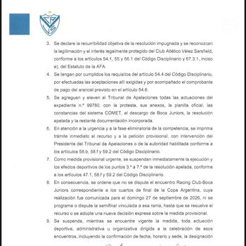 El documento que presentó Vélez para apelar el fallo del Tribunal de Disciplina tras el partido ante Boca por Copa Argentina