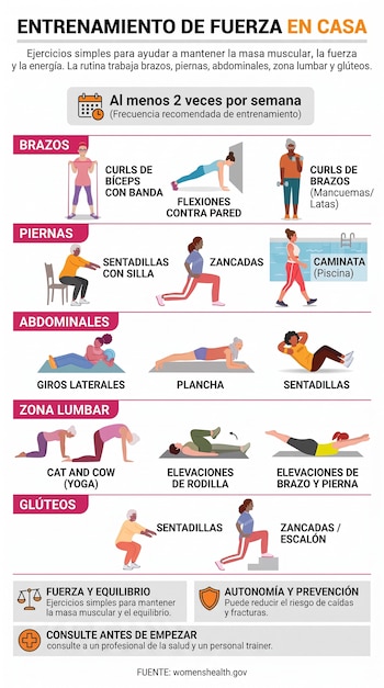 Infografía ilustrada con figuras humanas realizando ejercicios físicos divididos en secciones por zonas del cuerpo y bloques con texto informativo.