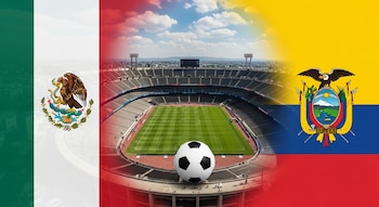 O Estádio Azteca fica entre as bandeiras do México e do Equador, com uma bola de futebol na frente, representando um evento esportivo. (Foto da Infobae)