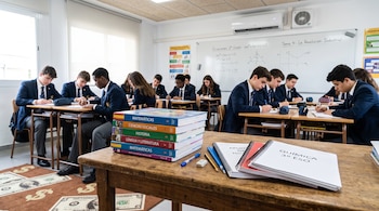 Libros de texto amontonados sobre un escritorio de madera en un aula con estudiantes uniformados sentados al fondo.