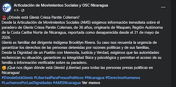 La AMS exige saber el paradero de una mujer desaparecida en Nicaragua: "¿Dónde está Glenis Criesa Pantin Coleman?".