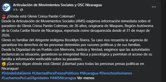 La AMS exige saber el paradero de una mujer desaparecida en Nicaragua: