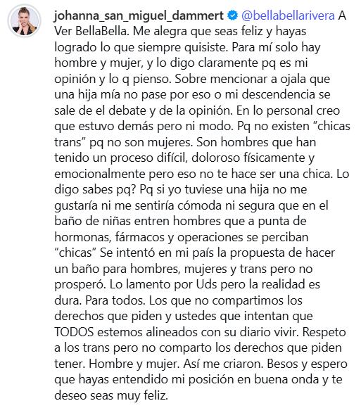 La presentadora peruana Johanna San Miguel enfrenta una ola de críticas en redes sociales tras emitir comentarios controvertidos sobre la identidad de género y los derechos de las personas trans (Captura Instagram Johanna San Miguel) (Imagen Ilustrativa Infobae)