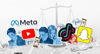 Balanza de la justicia, papeles rasgados, logos de Meta, YouTube, TikTok, Snapchat. Caras de adolescentes, celulares, relojes de arena, nubes de tormenta, etiquetas de advertencia.
