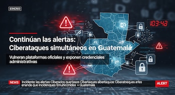 Imagen abstracta con un mapa de Guatemala superpuesto con símbolos de advertencia, candados abiertos y datos digitales, indicando ciberataques.
