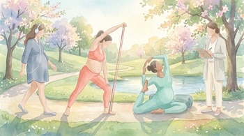 Ilustración de cuatro mujeres embarazadas en un parque: una camina con auriculares, otra usa una banda de resistencia, una practica yoga, y la última escribe en un portapapeles.