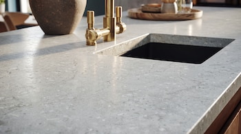 Primer plano de una mesada de cocina gris de piedra artificial, con un fregadero cuadrado oscuro y un grifo dorado de dos mandos.