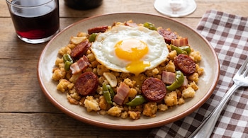 Plato con migas de pan, rodajas de chorizo, panceta, pimientos y un huevo frito con la yema abierta, sobre una mesa de madera.