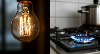 Imagen partida que muestra una bombilla de luz encendida a la izquierda y una hornalla de cocina a gas con llama azul y una olla a la derecha.