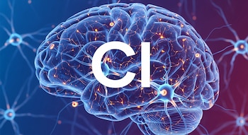 Imagen de un cerebro humano azul translúcido con conexiones neuronales brillantes en naranja, rodeado de neuronas. Las letras 'CI' en blanco aparecen sobre el cerebro.