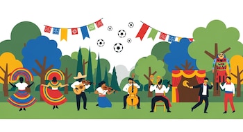 Ilustración colorida de una celebración al aire libre: bailarines folclóricos, músicos con jarana y violín, actores, títere, árboles, banderines y balones de fútbol flotando.